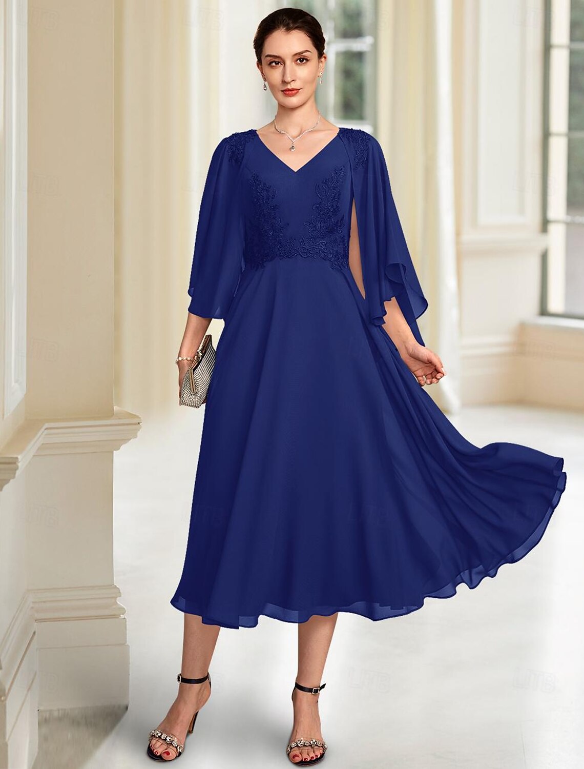 Buyishang A-Line Mother of the Bride Dress Elegant V Neck Tea Length Chiffon 3/4 Length Sleeve with Lace free custom size